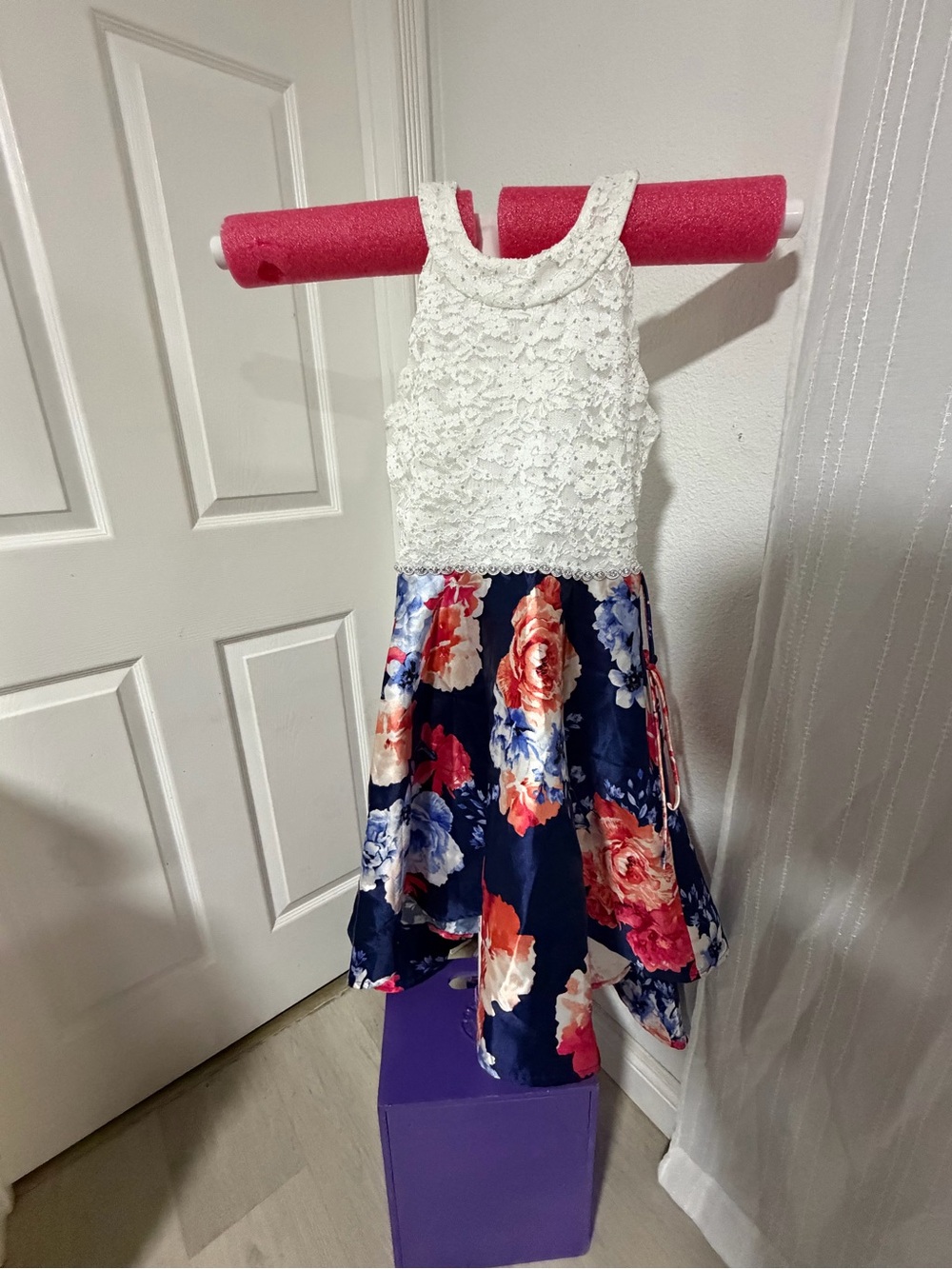 Speechless White Lace Bodice Navy Floral Skirt Dress with Pink & Red Blooms